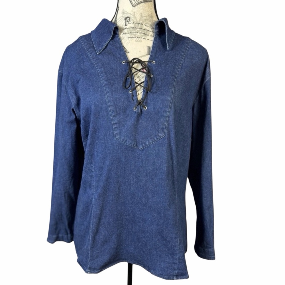 Reality USA Denim Casual Trendy Leather Lace-Up Top Size Large